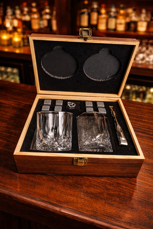 Whiskey Drink Set with glassware, whiskey stones and slate coasters