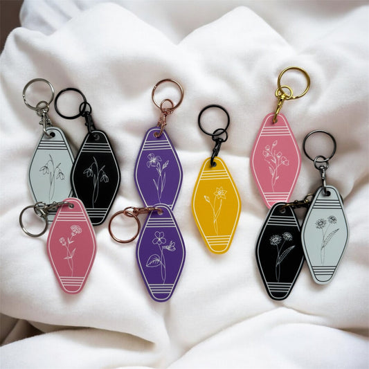Birth Month Flower Keychain: Engraved Acrylic Motel Key Tag