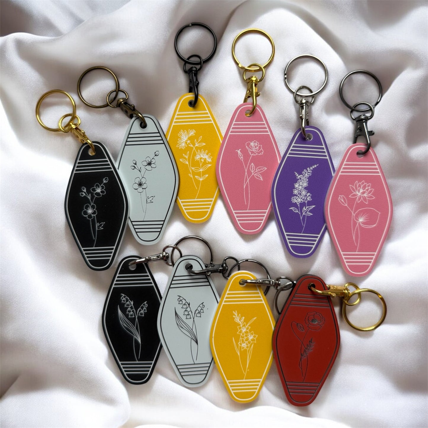 Birth Month Flower Keychain: Engraved Acrylic Motel Key Tag
